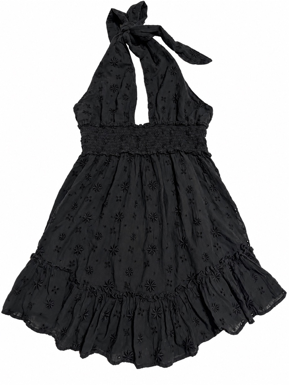 aerie Black Embroidered Halter Mini Dress size small